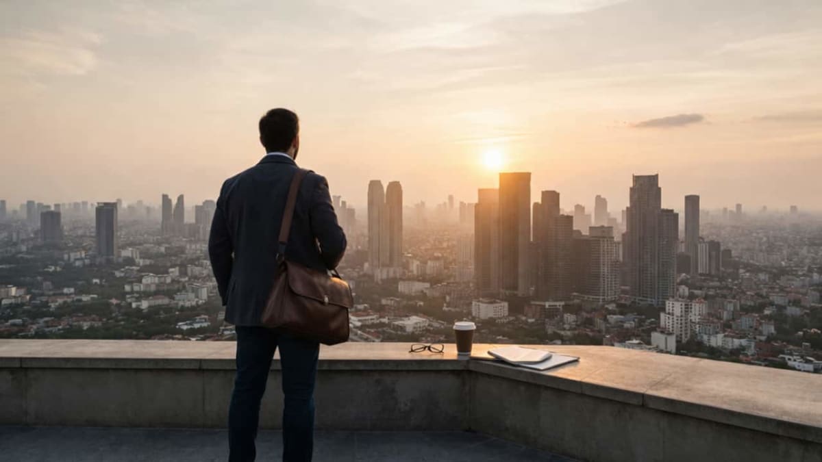 ** Entrepreneur standing at crossroads contemplating new career path and fresh start