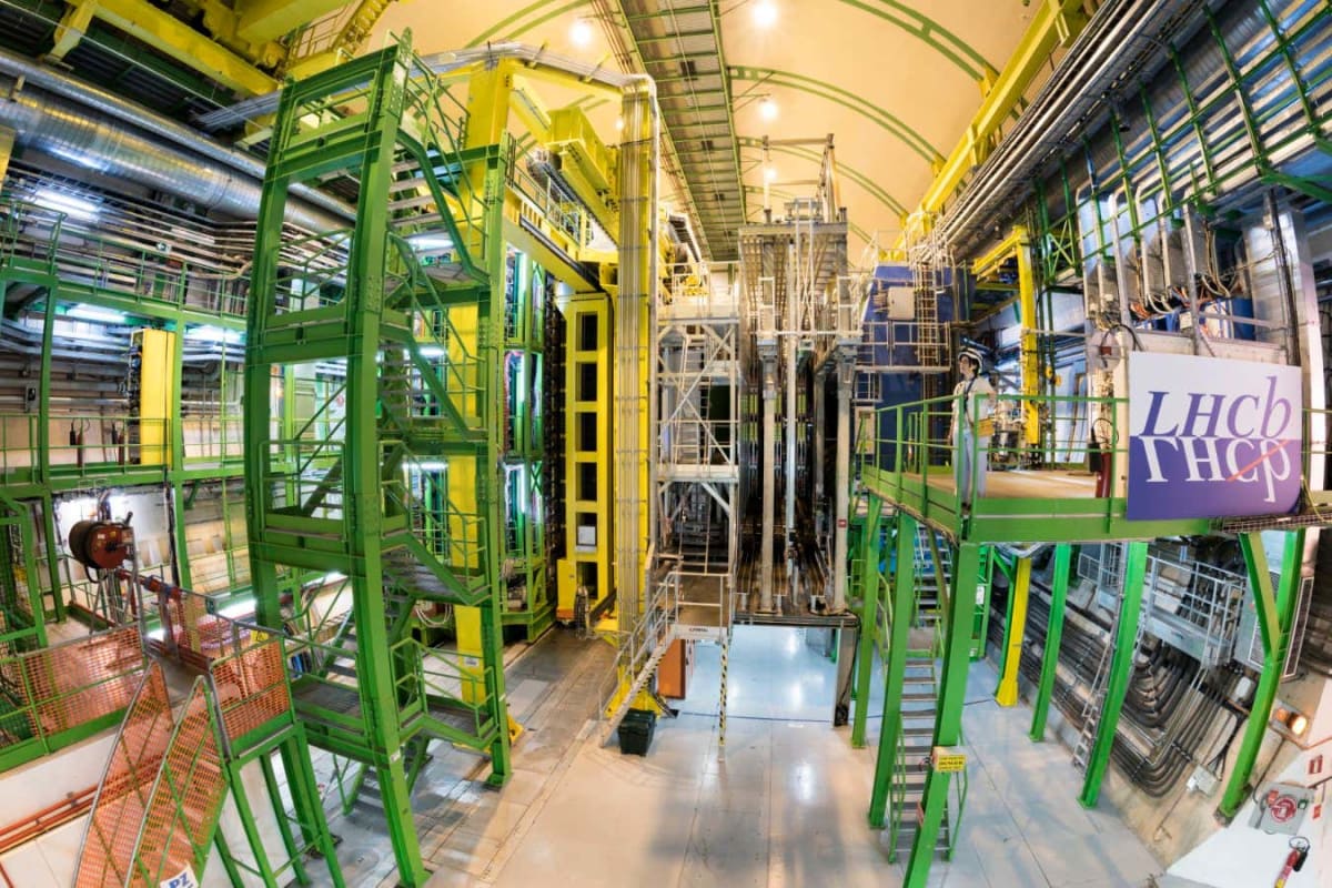 Interior view of CERN's Large Hadron Collider experiment cavern with complex detector equipment