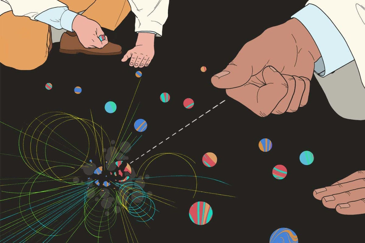 Conceptual illustration of circular particle accelerator tunnel with glowing beam pathway