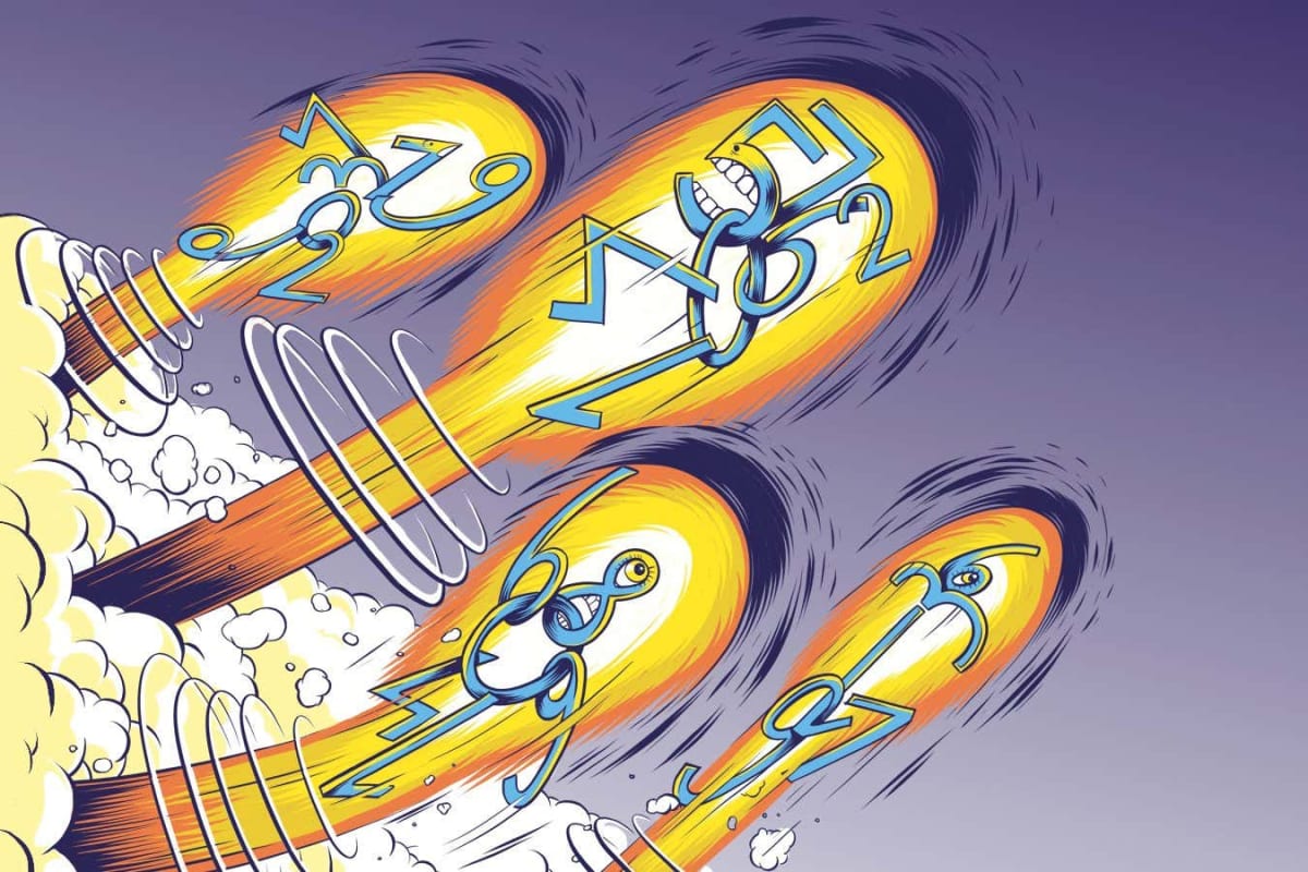 Mathematical equations and numbers on chalkboard showing complex arithmetic calculations and sequences