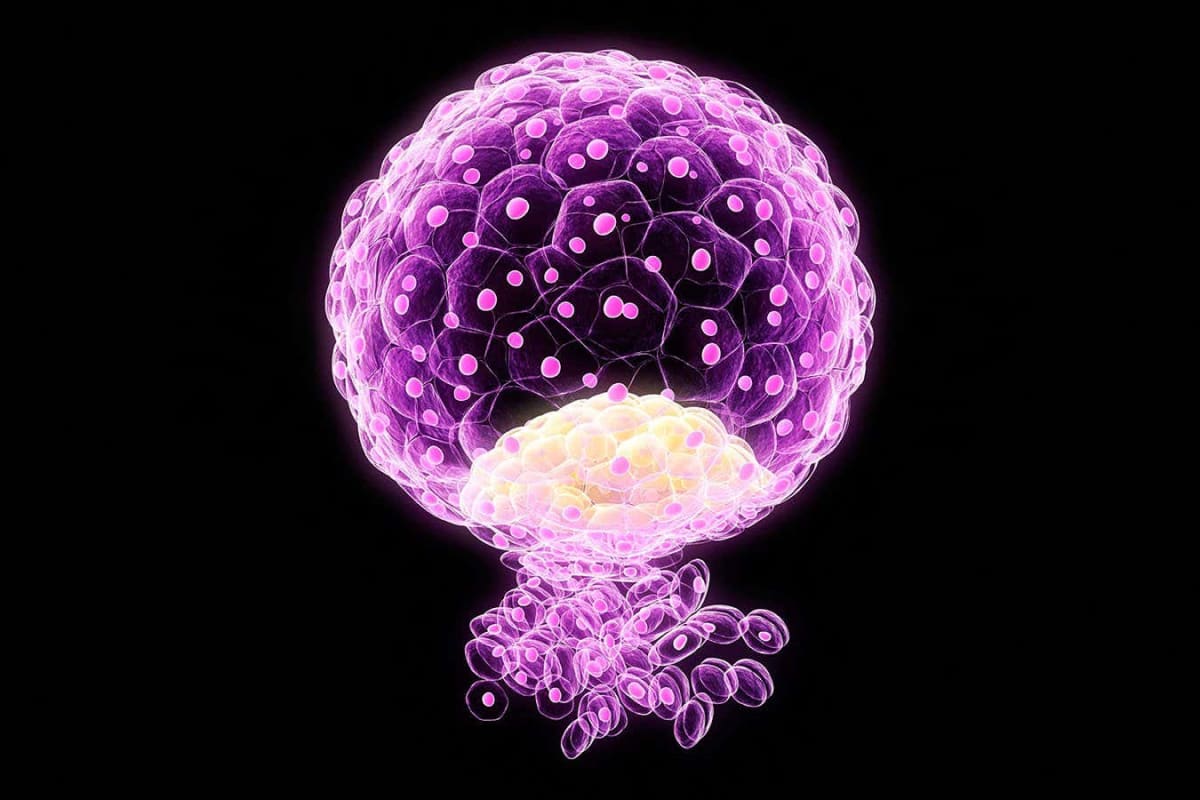 Microscopic view of lab-grown blastoid embryo model showing hollow sphere of dividing cells