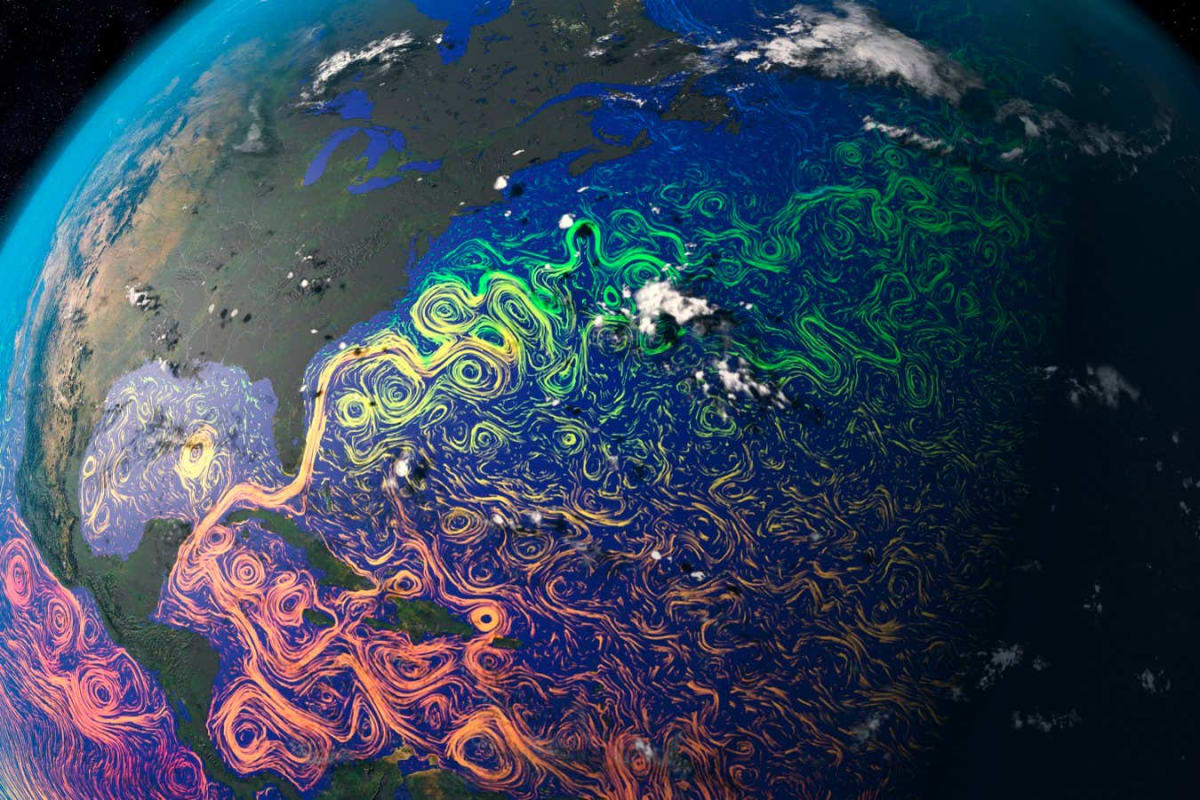 Visualization of Atlantic Ocean currents showing warm tropical water flowing northward in blue and green swirls