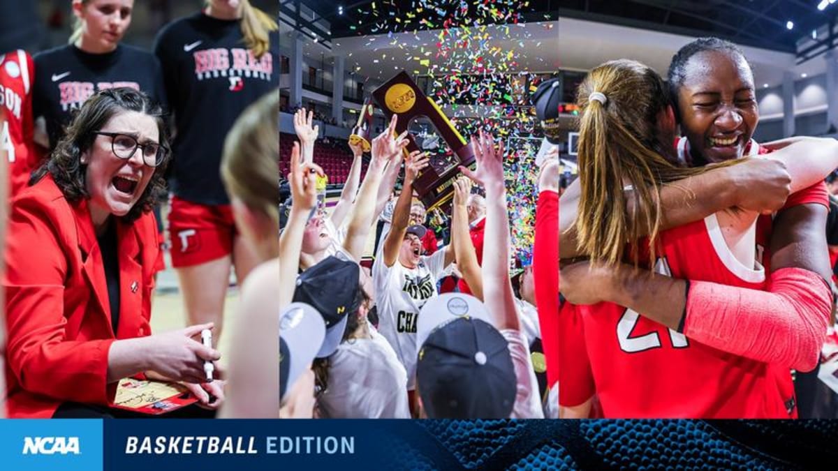 Coach Mo Hirt in knit cap instructing Denison women's basketball team during championship timeout