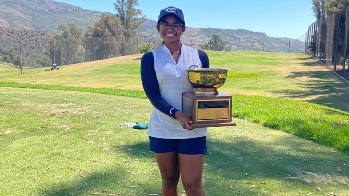 UC Davis golfer Vani Karimanal celebrates winning the California Women's Championship at Ojai Valley Inn