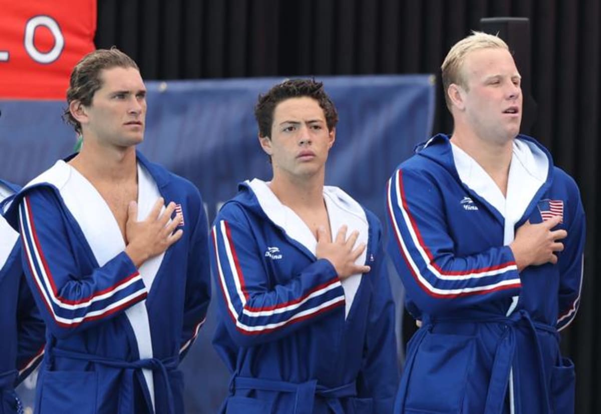 USA youth water polo team celebrating victory in pool at World Championship in Portugal