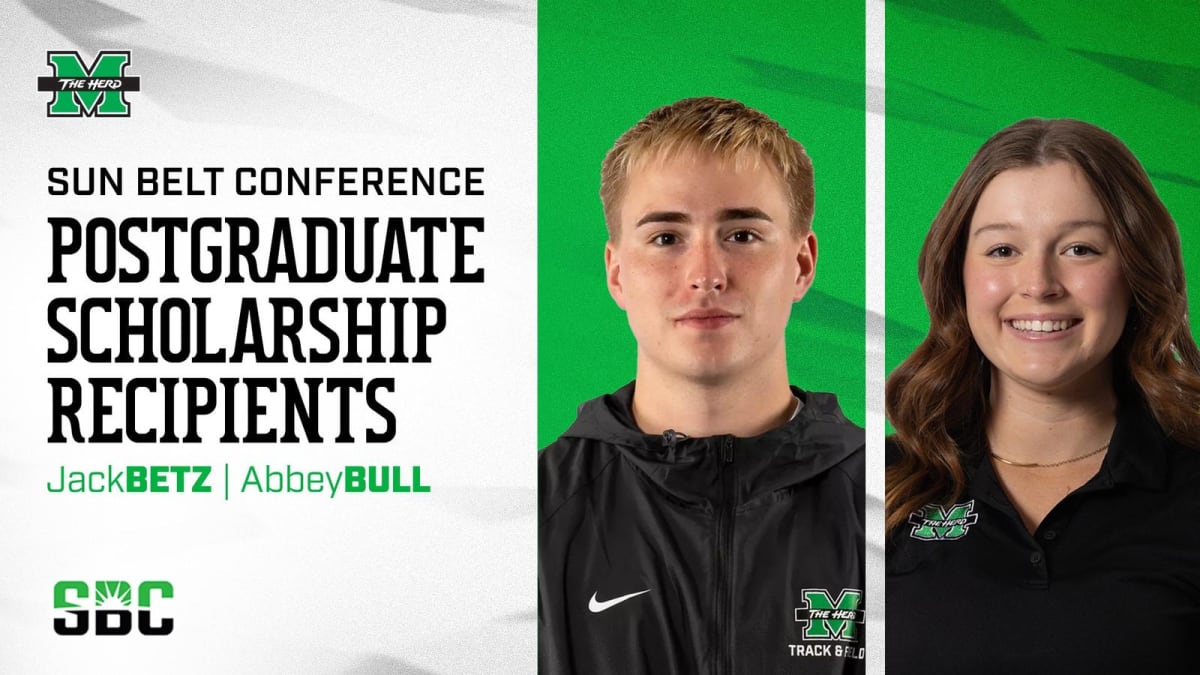 Two Marshall University student athletes celebrating their Sun Belt Conference postgraduate scholarship awards