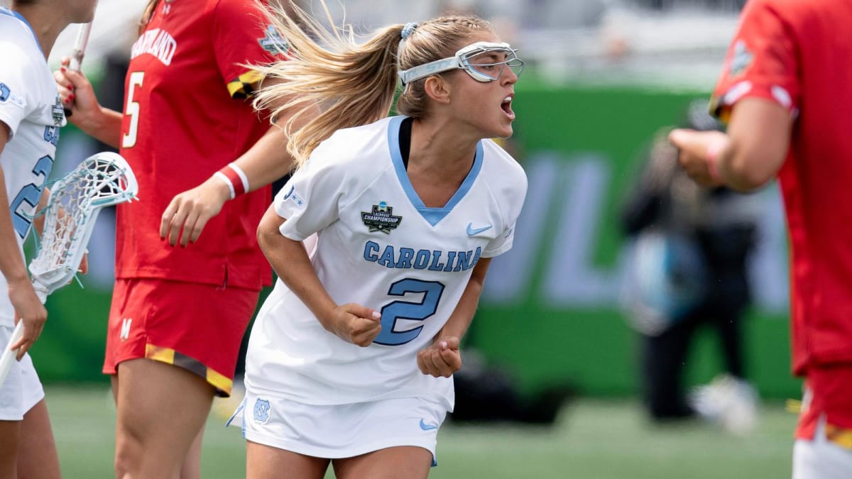 UNC women's lacrosse player Chloe Humphrey celebrating during NCAA semifinal victory over Maryland