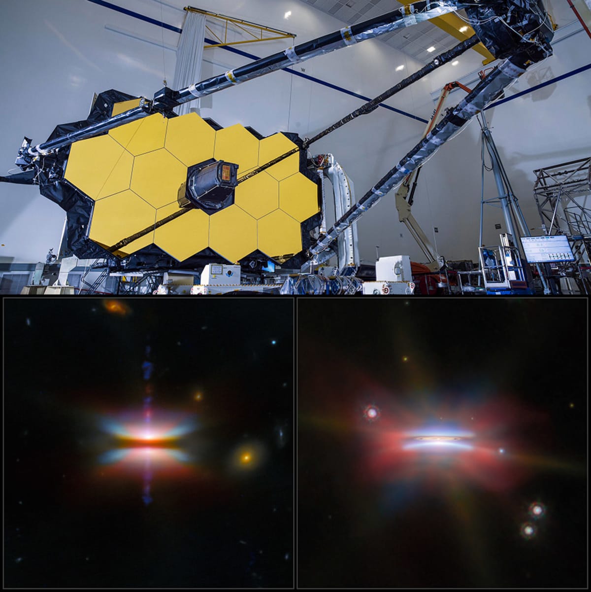 Webb telescope image showing bright disk of dust and gas surrounding young star with dark band across center