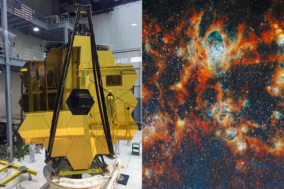 ** James Webb infrared image showing red orange gas clouds with bright cyan star clusters in Whirlpool Galaxy