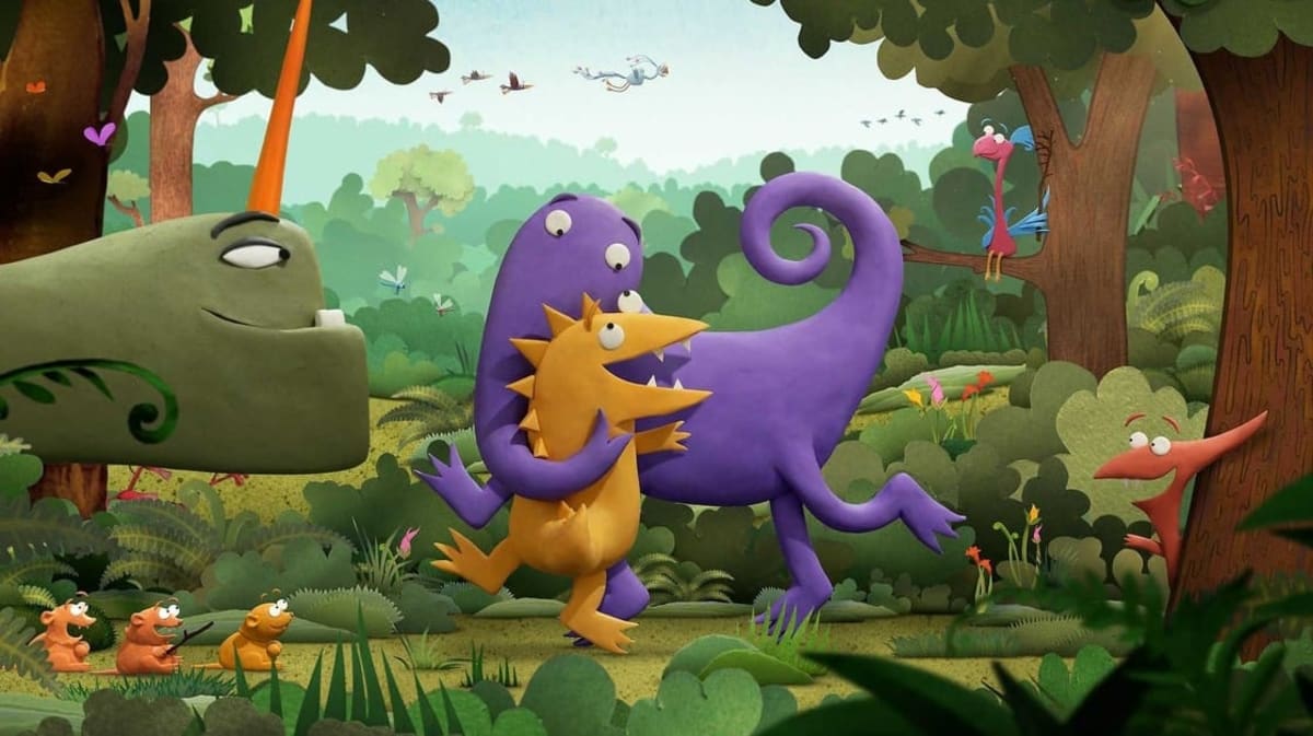 Colorful clay dinosaur characters Kiri and Lou from New Zealand stop-motion animation series