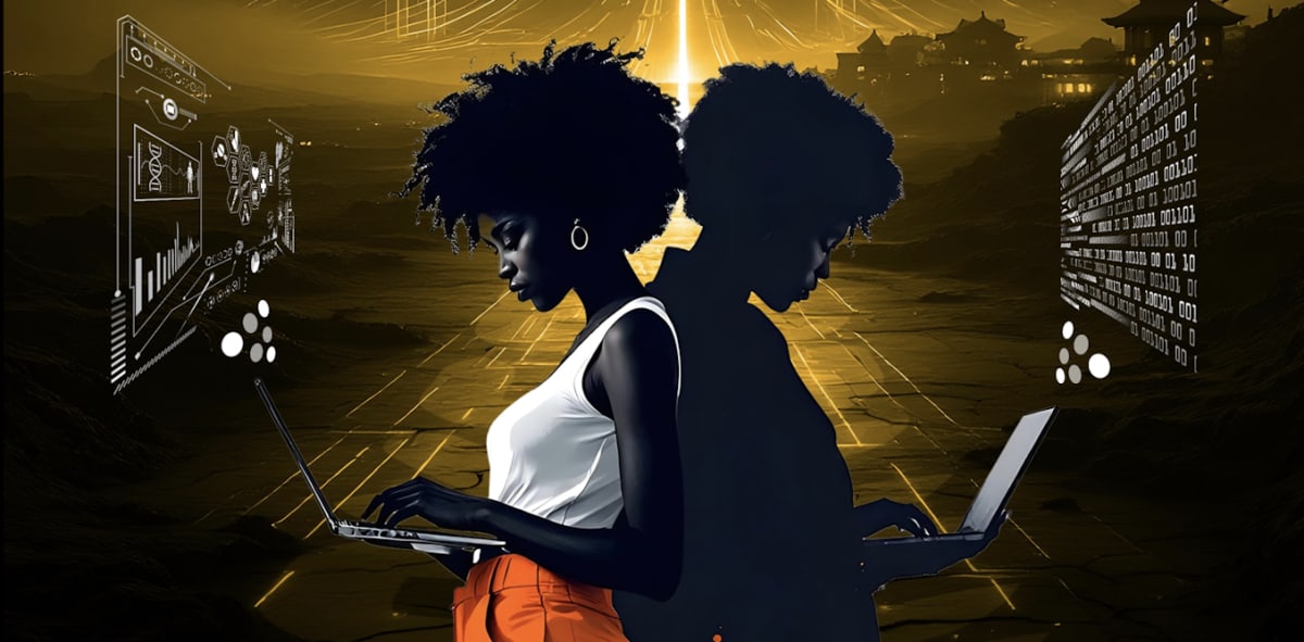 Young African girl using computer technology in scene from Nigerian AI film Makemation