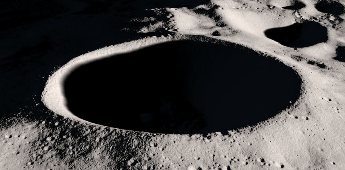Artist rendering of hopping robot exploring dark crater at Moon's South Pole