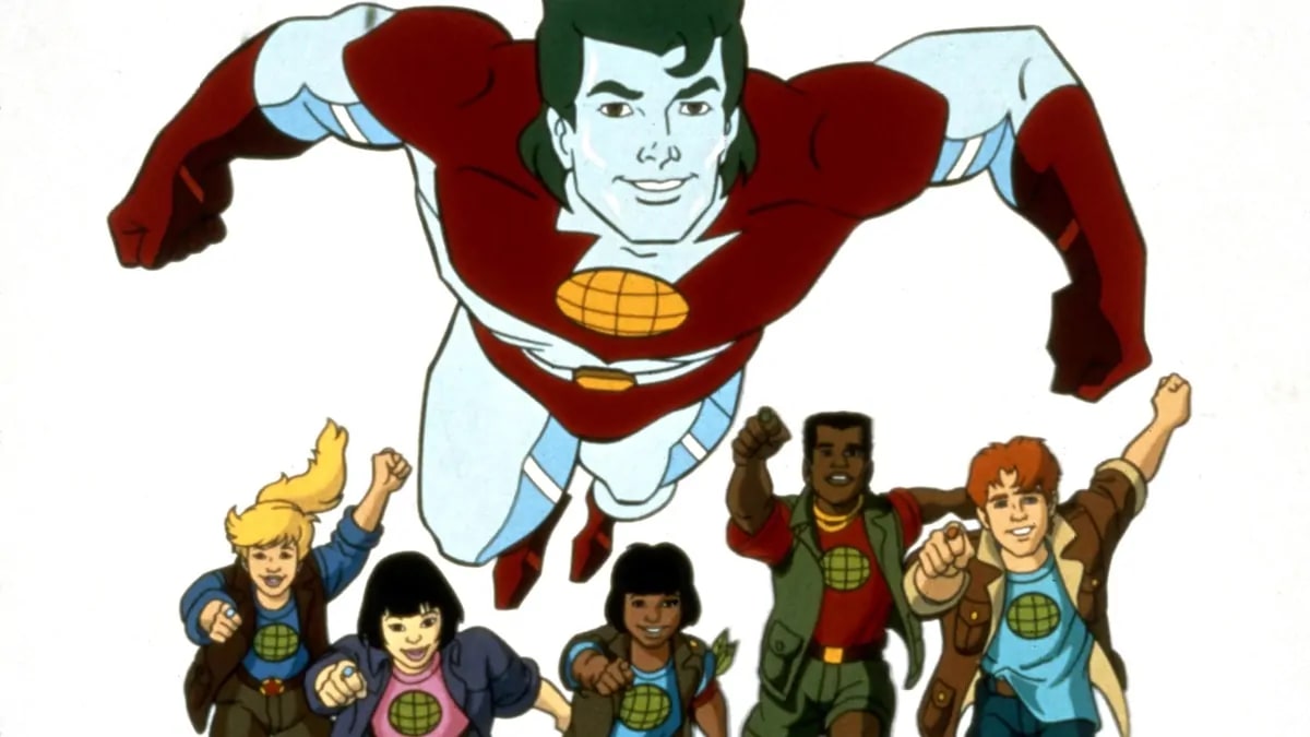 ** Captain Planet cartoon character with blue skin and green hair standing with five diverse teenage Planeteers
