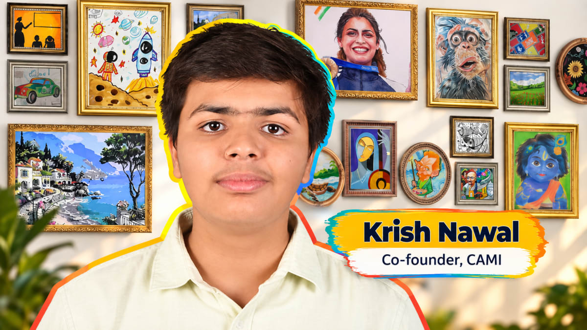 Young Indian students displaying colorful artwork at the Children's Art Museum of India digital platform