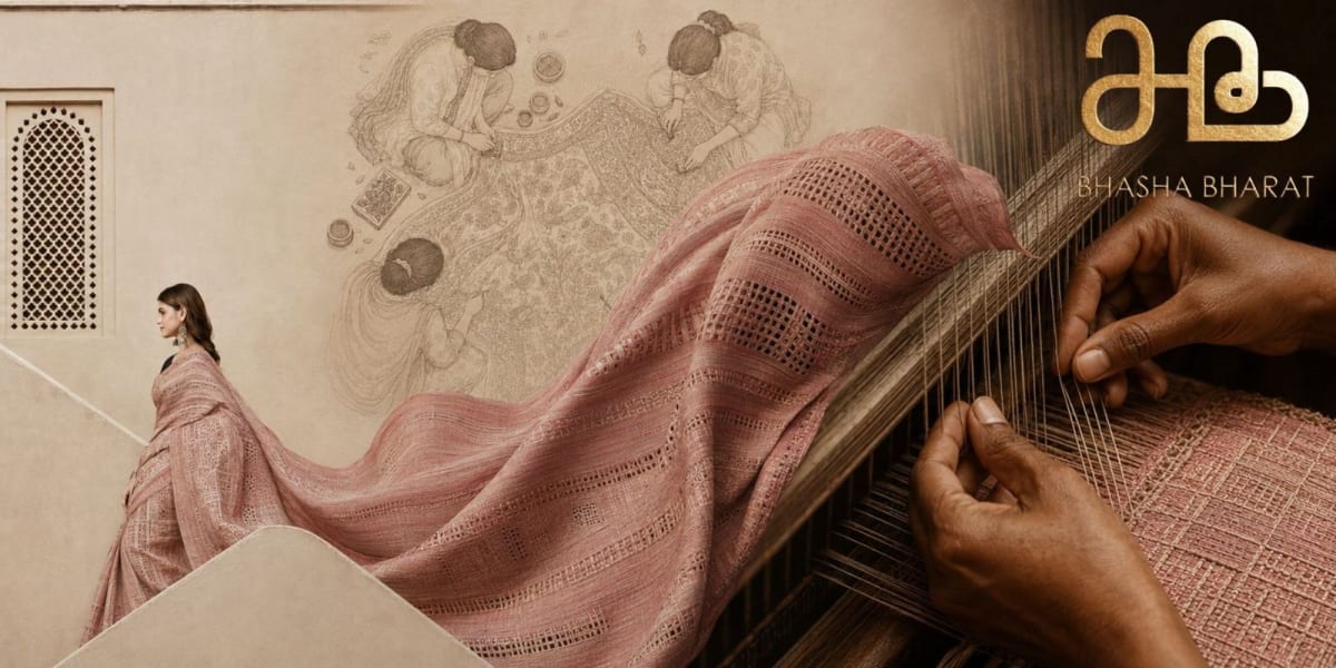 Close-up of hands weaving colorful cotton threads on traditional Indian handloom creating textured pattern