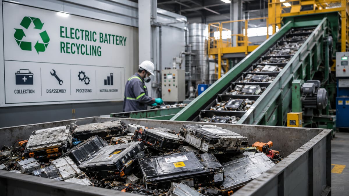 ** Workers processing recycled electric vehicle batteries in an Indian manufacturing facility with dark black mass powder