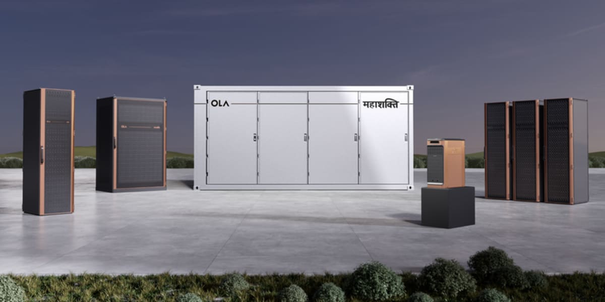 Modern battery storage unit with solar panels, representing Ola Electric's home energy system