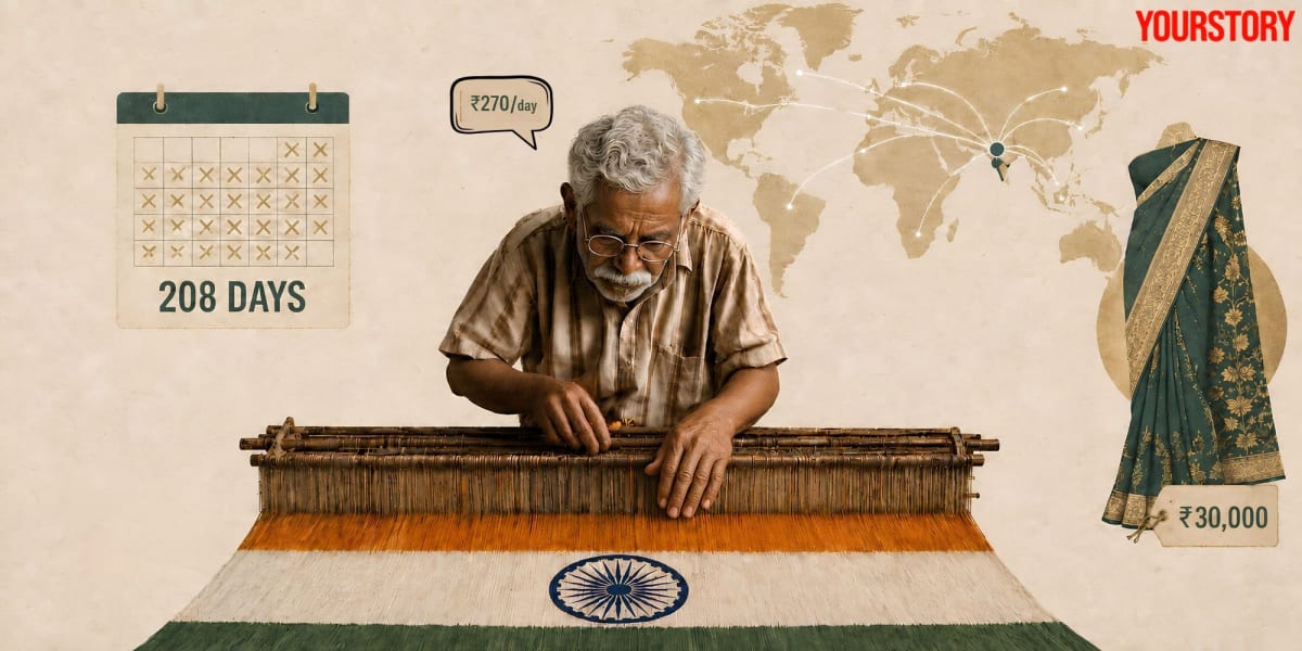 ** Indian woman weaving colorful fabric on traditional wooden handloom in rural workshop