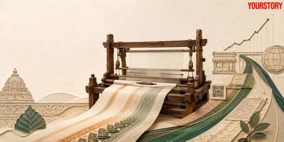 Indian artisan weaving colorful fabric on traditional handloom in workshop setting