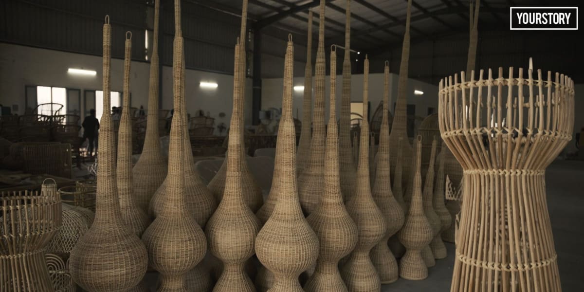 Artisans weaving contemporary bamboo furniture in Bareilly workshop using traditional Indian techniques