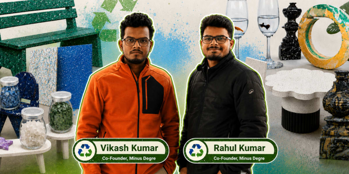 Two brothers standing beside colorful furniture and panels made from recycled plastic waste in Bihar workshop