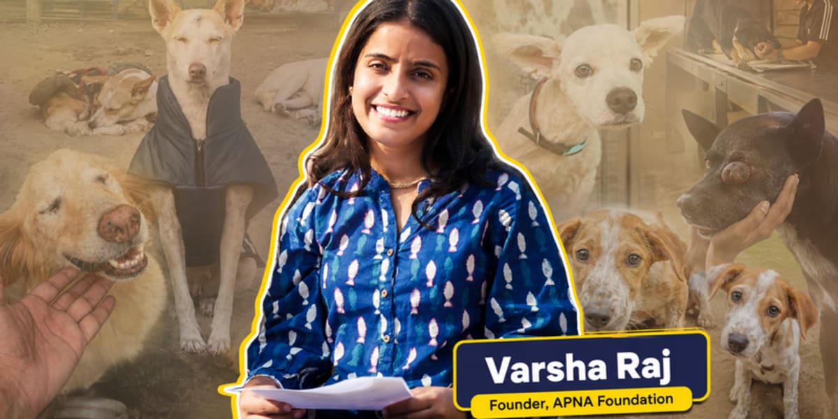 Varsha Raj smiling with rescued dogs at APNA Foundation animal shelter in Patna, India