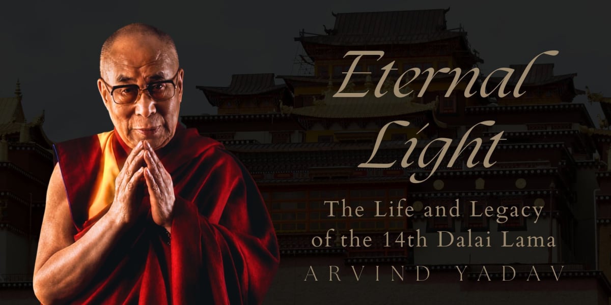 The Dalai Lama smiling warmly, representing decades of peaceful leadership and spiritual guidance
