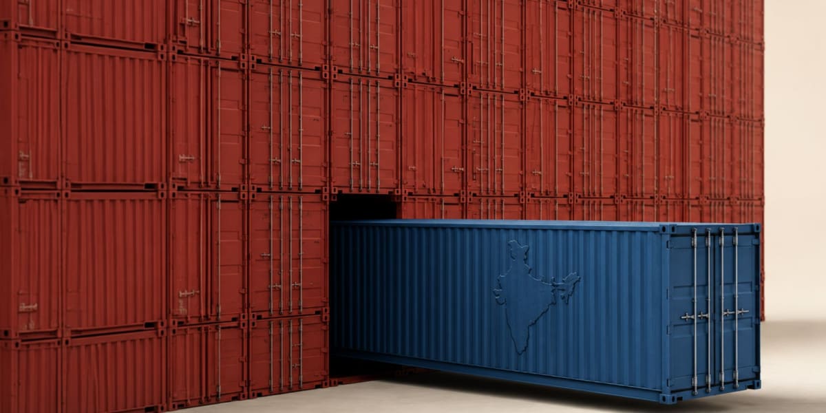 Steel shipping container with Indian manufacturing markings at Maersk depot facility in Dadri