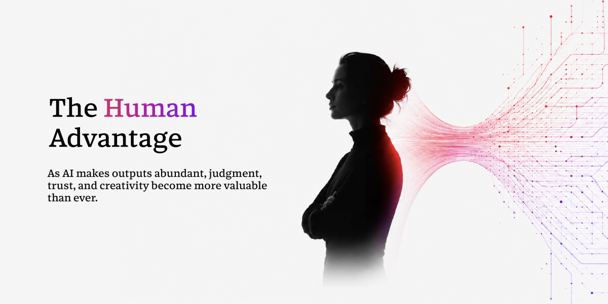 Professional working confidently at computer with AI interface, representing human and technology collaboration