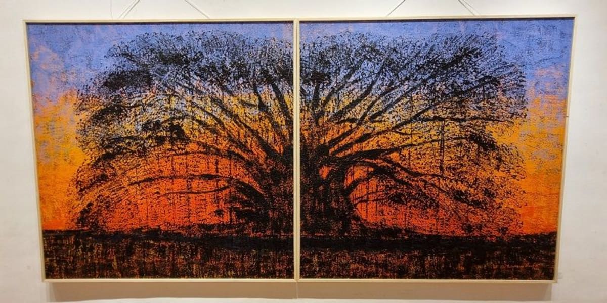 Acrylic paintings with earthy tones depicting farmers and agricultural landscapes at Mumbai gallery