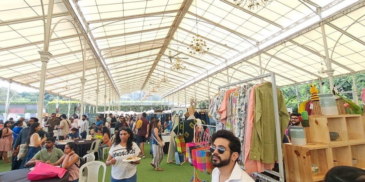 Colorful vegan market stalls displaying plant-based foods and sustainable products in Bengaluru India