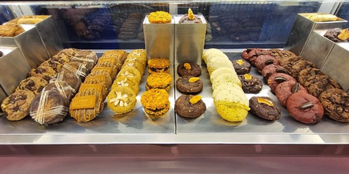 Fresh gooey cookies displayed at FES Café flagship location in Delhi's Lodhi Art District