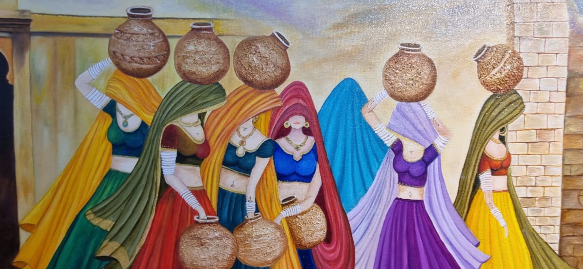 Colorful paintings displayed at Art Bengaluru Collective exhibition showing nature-inspired contemporary artwork