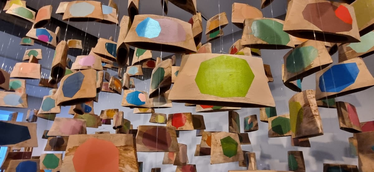 Contemporary sculpture installation at Montreal Museum featuring unconventional materials and spatial arrangements