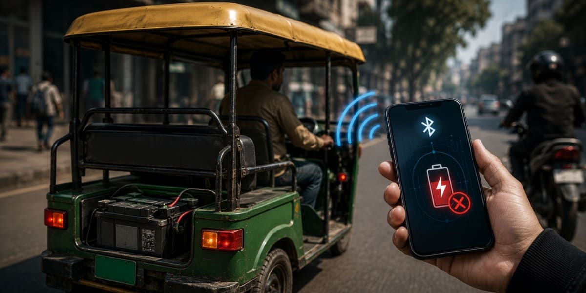 Electric rickshaw on busy Indian street carrying passengers safely through city traffic