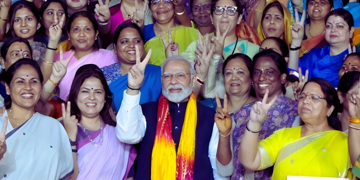 Indian women leaders gathering at Parliament building celebrating representation milestone