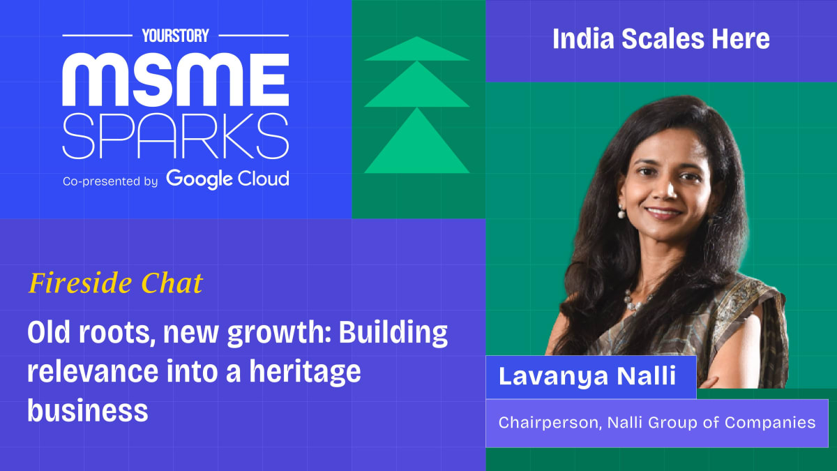 Lavanya Nalli speaking at business conference about modernizing century-old Indian saree retail company