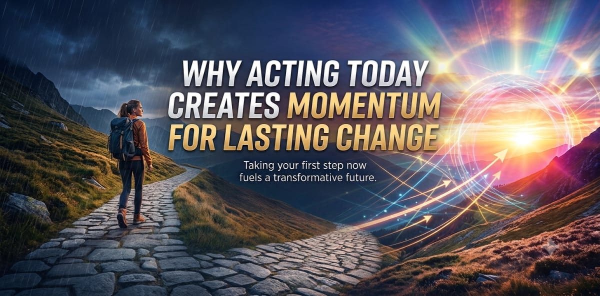 Person taking first step on path forward, sunrise symbolizing new beginning and immediate action
