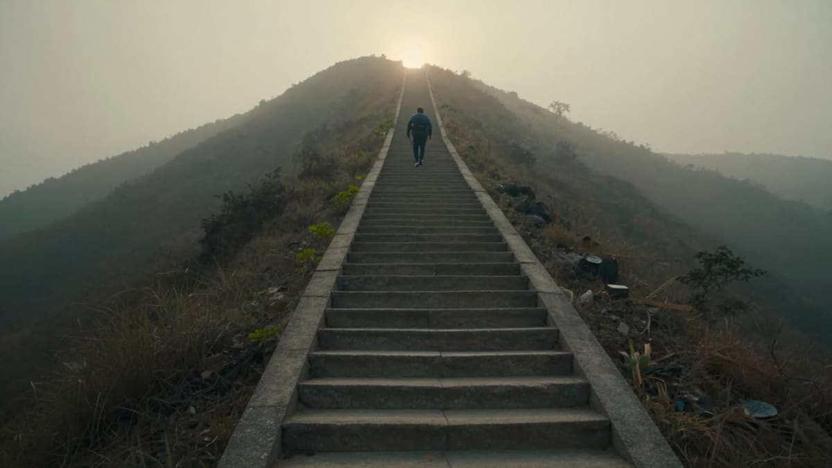 Person climbing stairs one step at a time toward bright sunlight above