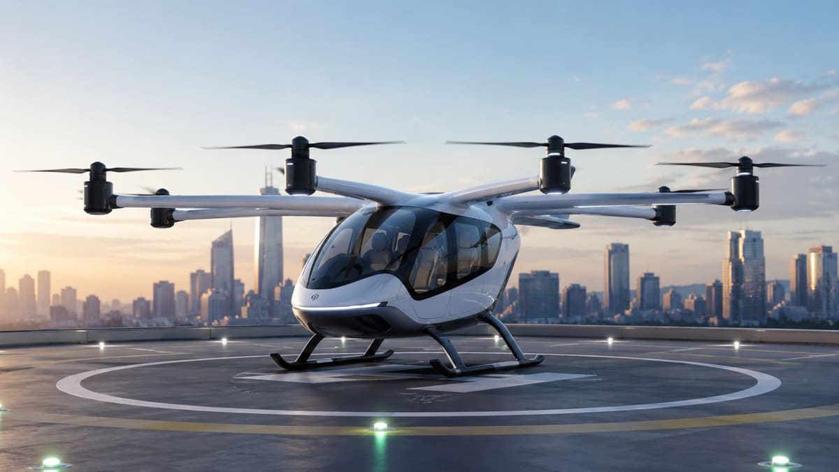 Concept rendering of sleek electric eVTOL aircraft flying over congested Indian city streets