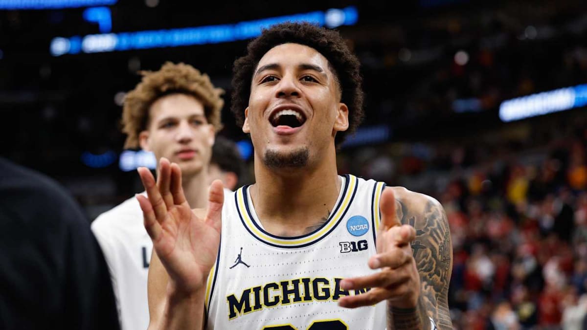 Michigan basketball player Yaxel Lendeborg celebrating during NCAA tournament game at United Center