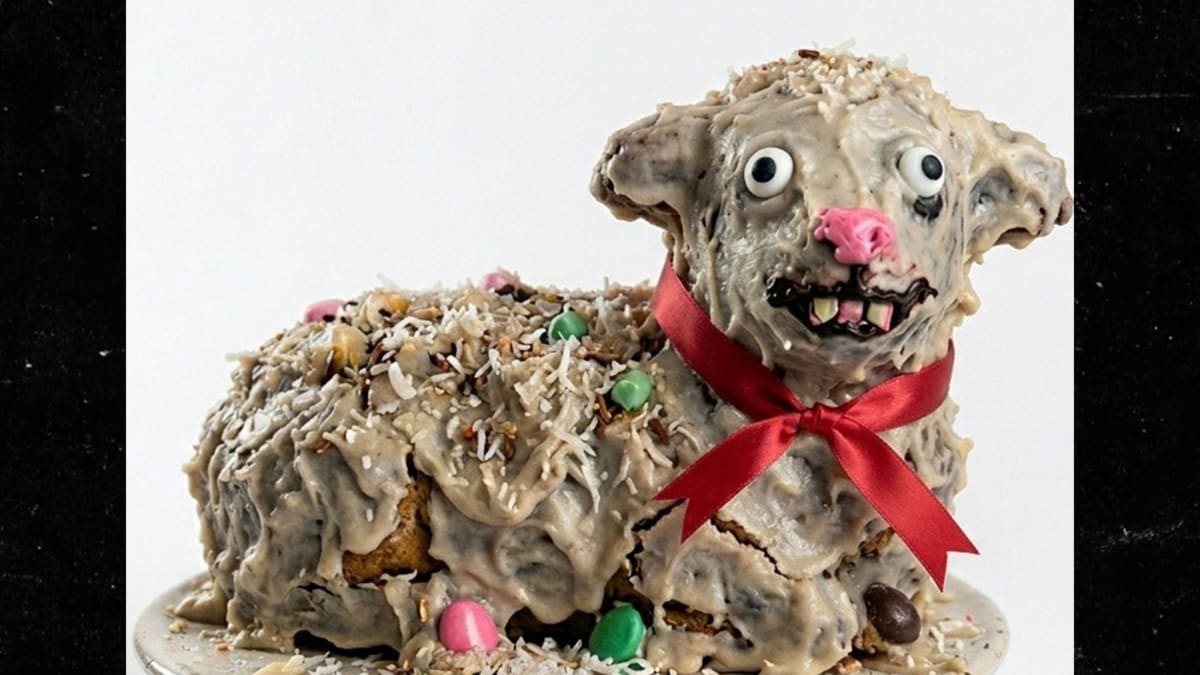 Side by side comparison of creepy AI-generated lamb cake and real decorated Easter lamb cake