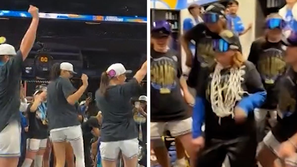 Three UCLA women's basketball players in championship gear performing synchronized dance routine on arena court