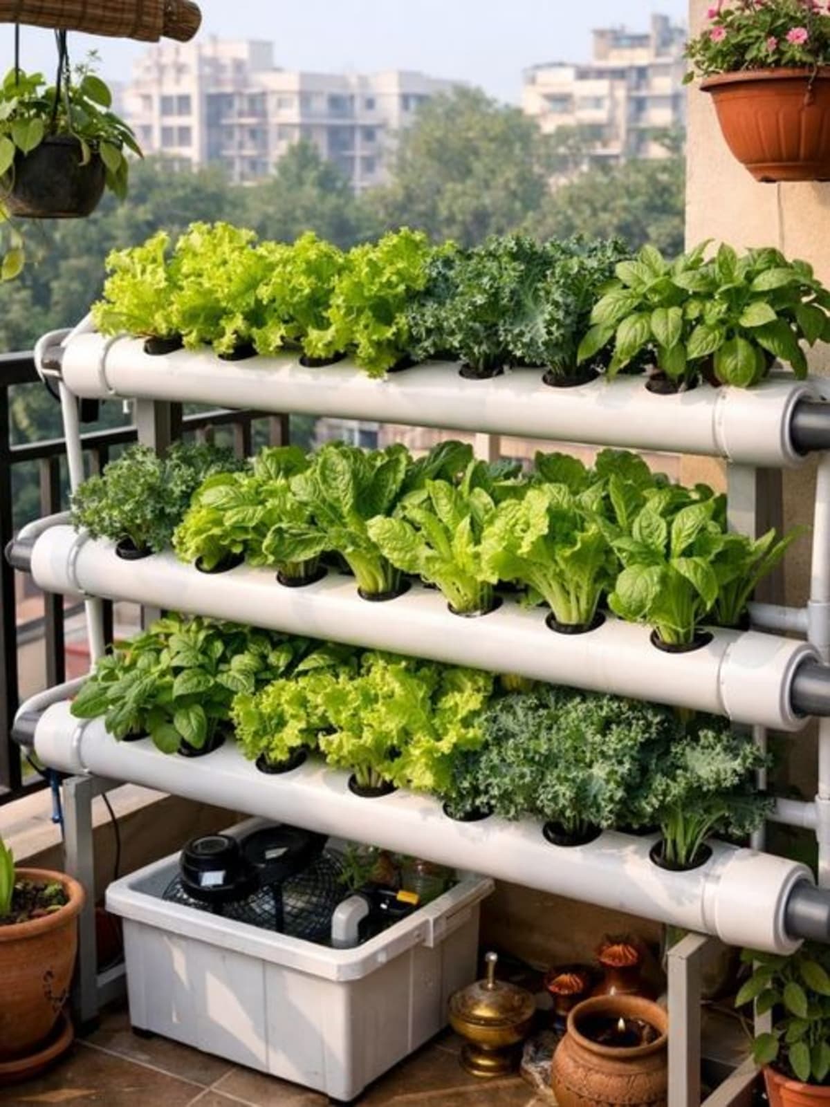 Fresh green lettuce and leafy vegetables growing in clear water hydroponic system indoors