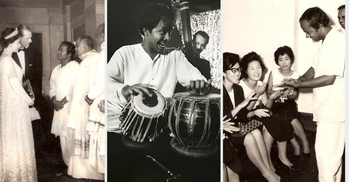 Pandit Chatur Lal playing tabla in performance, showcasing the Indian percussion instrument he introduced globally