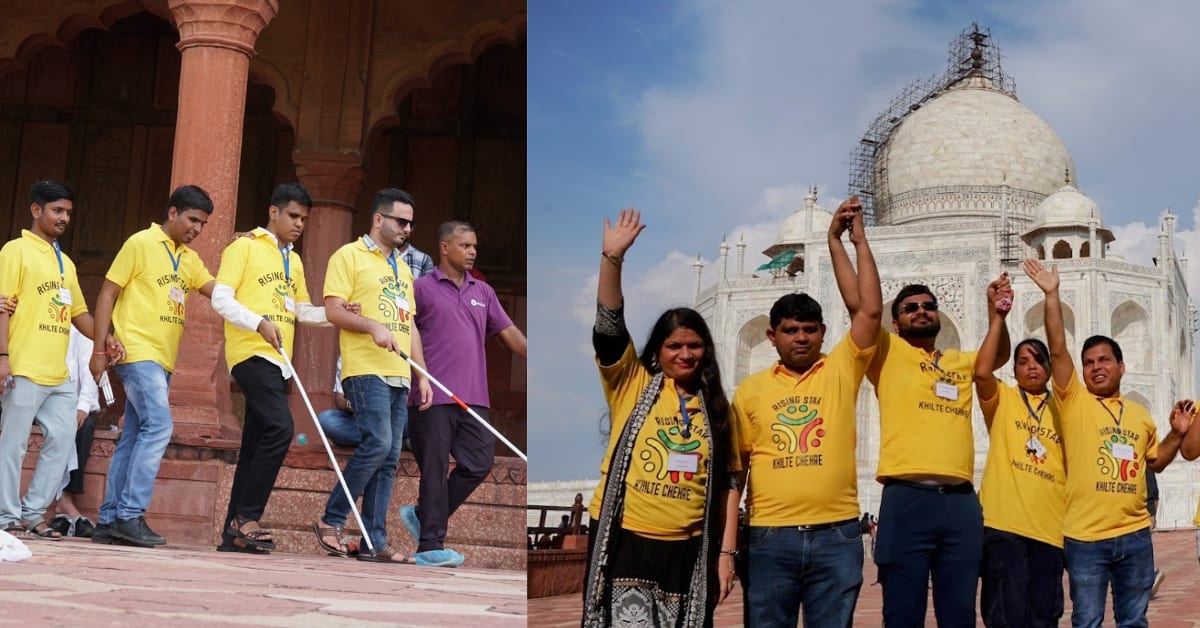 Group of blind travelers smiling together during Rising Star Khilte Chehre organized journey