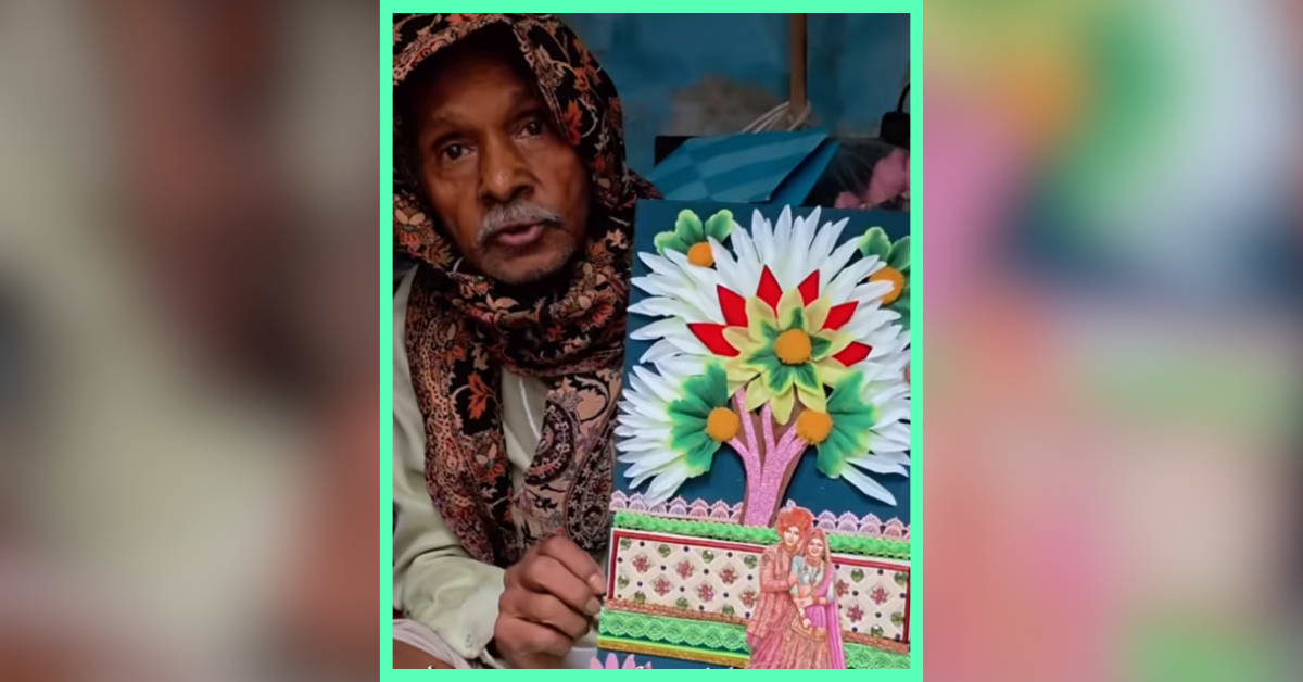 Elderly Indian artist Rajkumar creating colorful artwork from recycled wedding materials and broken bangles