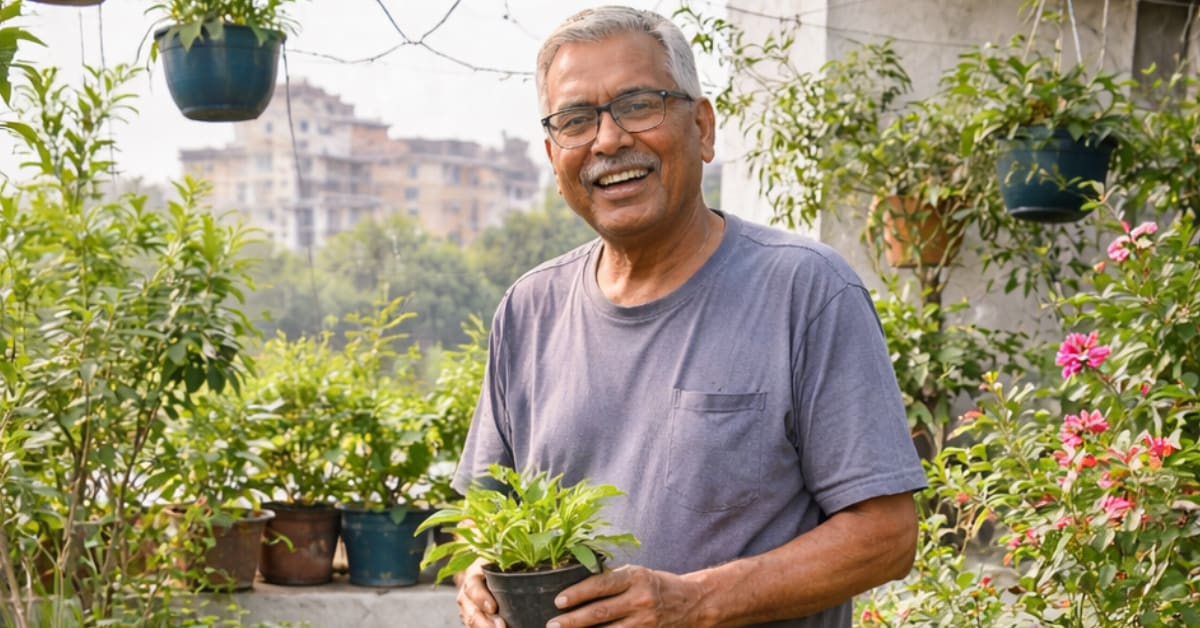Lush rooftop garden filled with green plants, vegetables, and herbs growing in containers