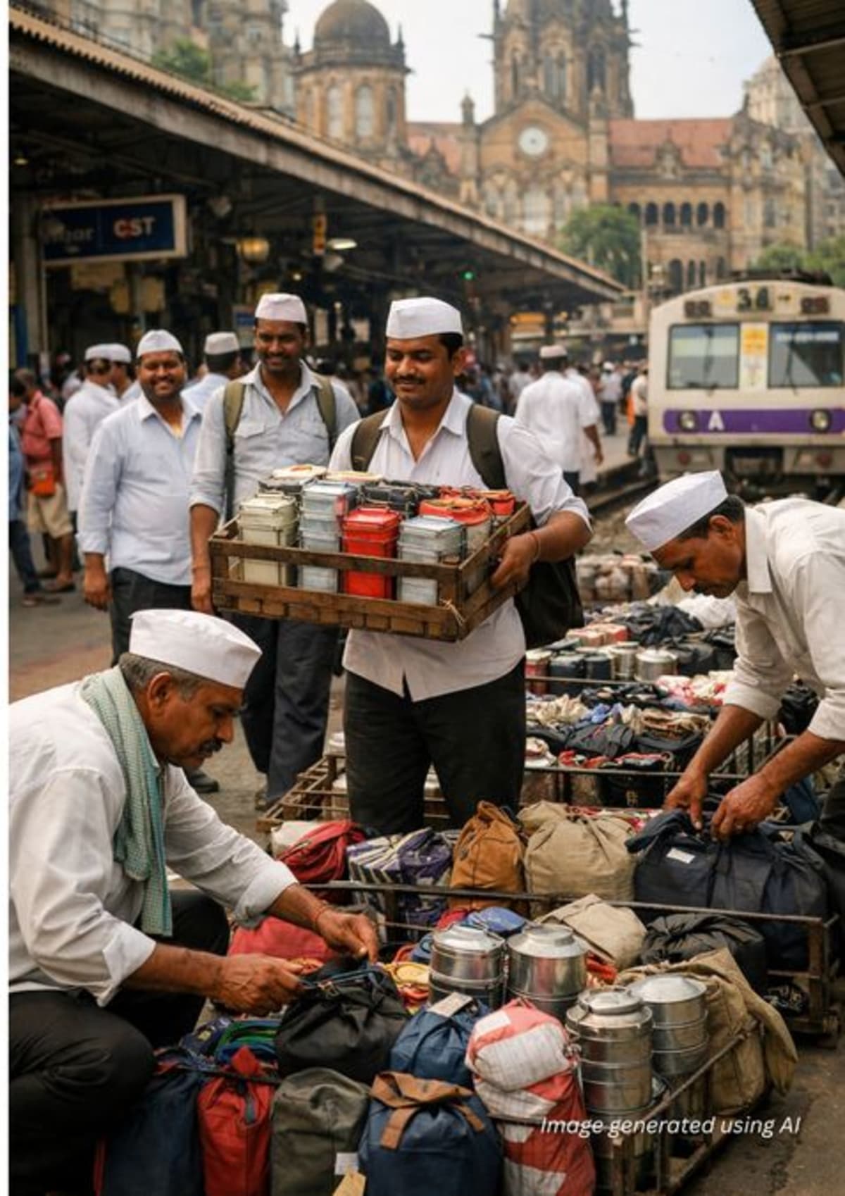 Dabbawala in white kurta and Gandhi cap carrying stacked metal lunch boxes in Mumbai