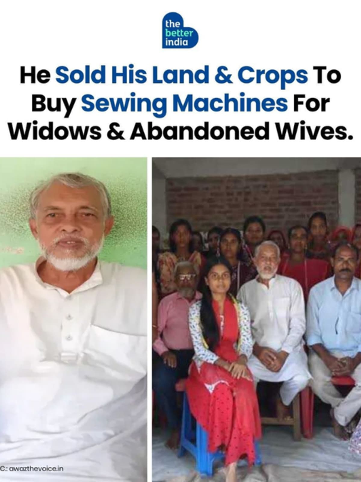 Elderly Indian man Hafizur Rahman standing beside women learning to sew at tailoring training center